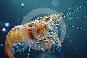 Arthropod Botan shrimp in electric blue fluid, macro photography