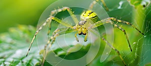 Arthropod spider perched on a green terrestrial plant leaf
