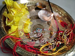 Arti worship plate decorated on rakhi festival photo