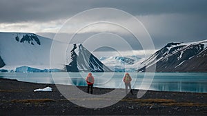 artic explorers in front of icy river