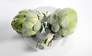 Artichoke close up. Fresh raw organic green Artichokes closeup. Over white background.