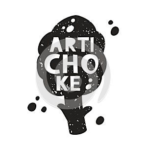 Artichoke grunge sticker. Black texture silhouette with lettering inside. Imitation of stamp, print with scuffs