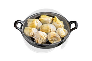 Artichoke hearts pickled in olive oil with herbs and spices Isolated on white background. Top view.