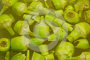 Artichoke hearts soaking in water