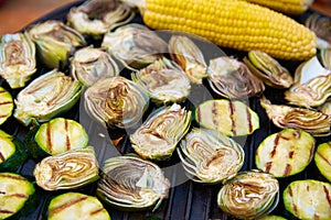 Artichoke zucchini corn cob grill vegetables