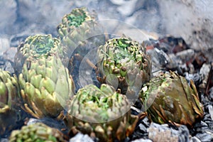 Artichokes on ember BBQ close up