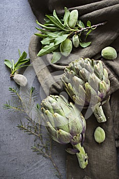 Artichokes on gray background with copy space