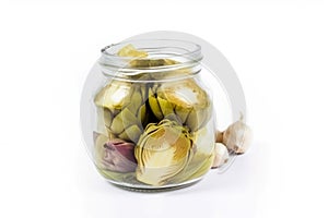 Artichokes pickled olive oil jar. Generate Ai