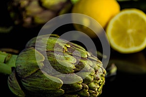 Artichokes posed and lemon on background