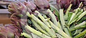 artichokes for sale in stand of greengrocers to local mark photo