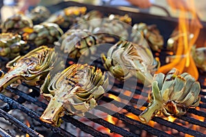 Artichokes on a wood-fired gril. Traditional cuisine of Naples, Italy.