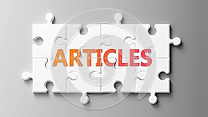 Articles complex like a puzzle - pictured as word Articles on a puzzle pieces to show that Articles can be difficult and needs