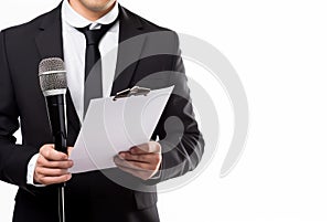 Articulate Man holding microphone and clipboard on white. Generate Ai