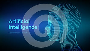 AI. Artificial intelligence concept. Ai digital brain. Abstract digital human face. Human head in robot computer interpretation.