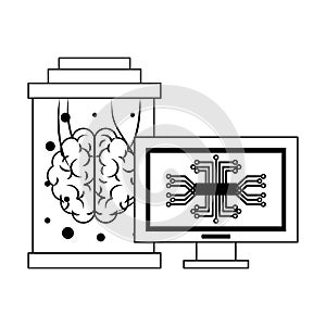 Artifical intelligence icons concept cartoon in black and white