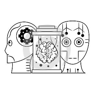 Artifical intelligence icons concept cartoon in black and white
