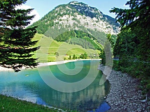 Artifical lake Ganglesee or Gaenglesee on the Valunerbach or Valuenerbach stream and in the Saminatal