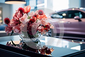 Artificial blooms adorn a glass table in a sleek car showroom.