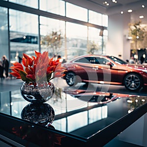 Artificial blooms adorn a glass table in a sleek car showroom.