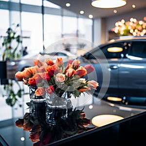 Artificial blooms adorn a glass table in a sleek car showroom.