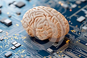 Artificial brain on computer circuit board symbolizing AI and neural networks