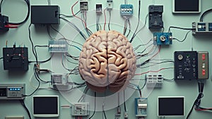 Artificial brain connected to technology for futuristic intelligence concepts