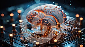 artificial brain microchip on motherboard of supercomputer