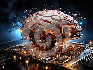 artificial brain microchip on motherboard of supercomputer