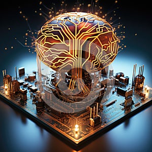 artificial brain microchip on motherboard of supercomputer