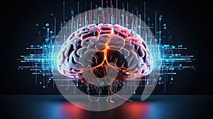 An artificial brain with microchips, wires and neon glow on a digital background is an artificial intelligence concept. AI