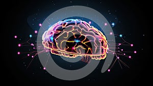 An artificial brain with microchips, wires and neon glow on a digital background is an artificial intelligence concept. AI