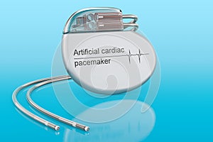 Artificial cardiac pacemaker on blue background, 3D rendering
