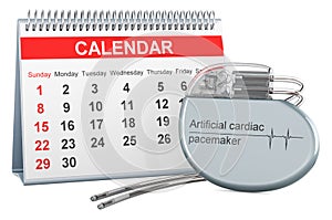 Artificial cardiac pacemaker with desk calendar, 3D rendering