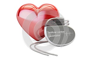 Artificial cardiac pacemaker with red heart, 3D rendering