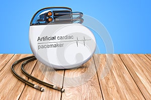 Artificial cardiac pacemaker on the wooden table, 3D rendering