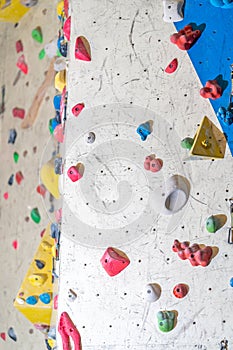 artificial climbing wall with grips and carabiners in the interior