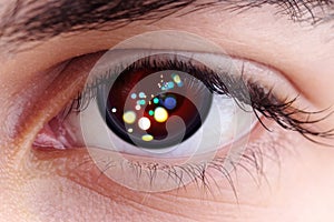 Artificial close-up Eye Cyborg face of mechanical robot, future with red glow