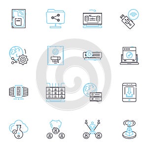 Artificial computing linear icons set. Automation, Robotics, Machine-learning, Big data, Cloud computing, Algorithms
