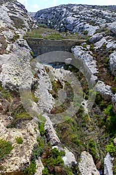 Artificial dam in a stone valley on the island of Gozo, a landscape with wild xerophytic vegetation, Malta photo