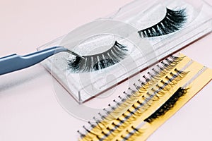 Artificial false fluffy eyelashes with tweezers.