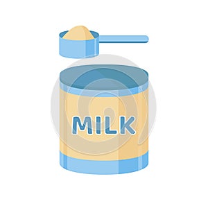 Artificial feeding for newborn. A scoop of milk formula. Baby care, illustration in flat style