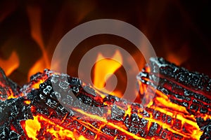 Artificial fireplace. Burning logs. Decorative fire