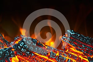 Artificial fireplace. Burning logs. Decorative fire