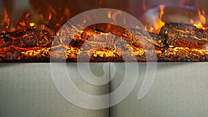 Artificial fireplace. Burning logs. Decorative fire
