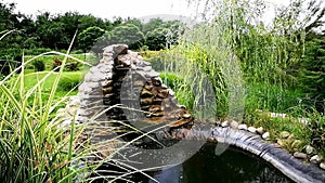Artificial fish pond with small waterfall