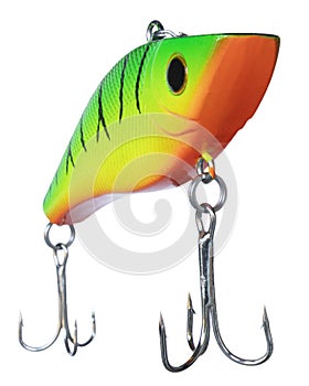 Artificial fishing lure for bass angled toward the camera