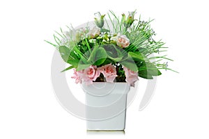 Artificial flowers bouquet in vase isolated on white background