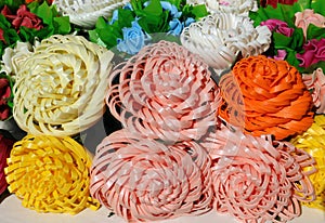 Artificial flowers made of soft plastic. Folk art