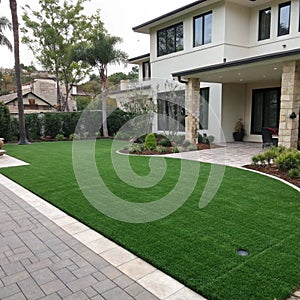 Artificial grass lawn turf in a modern home yard photo