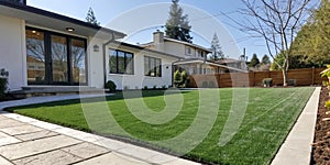 Artificial grass lawn turf in a modern home yard